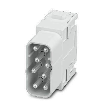 Ein rechteckiger grauer elektrischer Steckverbinder mit sechs Metallstiften, der zum Anschluss elektronischer Komponenten verwendet wird.