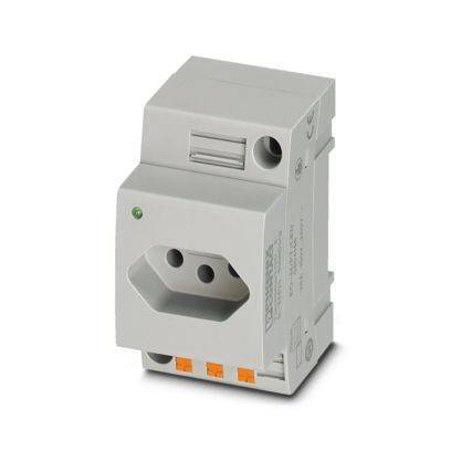 Ein grauer hutschienenmontierter Klemmblock mit grüner Anzeigelampe und orangen Anschlüssen an der Unterseite, der für elektrische Verbindungen verwendet wird.