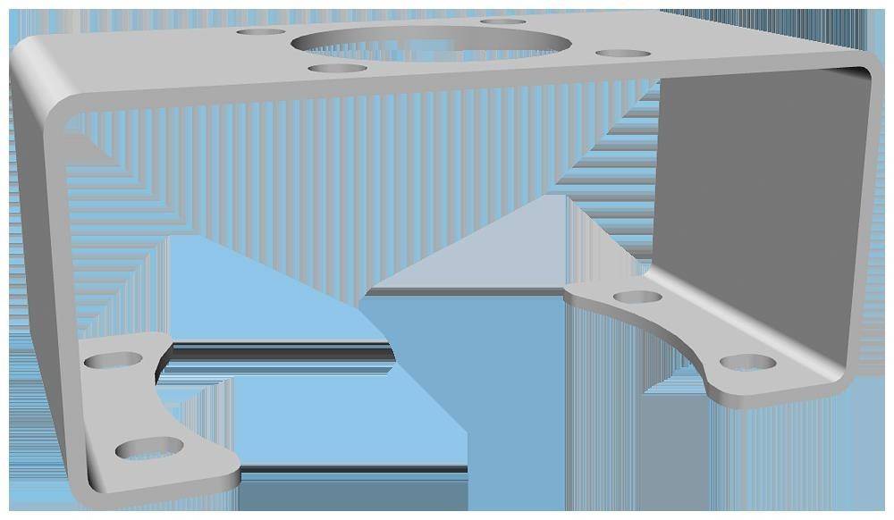Eine 3D-Darstellung eines teilweise sichtbaren Metallhalters mit mehreren kreisförmigen Löchern auf seiner Oberfläche, vor einem blau und weiß gestreiften Hintergrund.