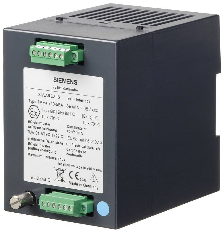 Siemens SIWAREX IS elektrisches Gerät mit Anschlussklemmen und Beschriftungen, die Eigenschaften der Eigensicherheit für explosionsgefährdete Umgebungen anzeigen.