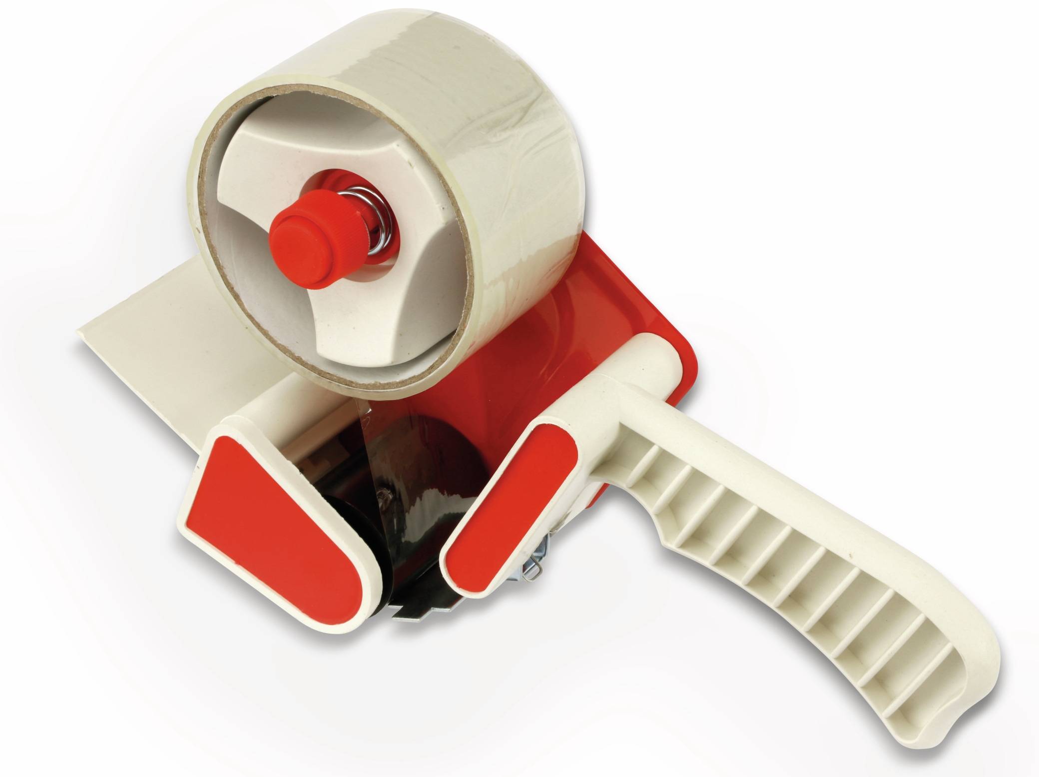 Ein rot-weißes Klebebandabroller mit einer Rolle durchsichtigem Packband gefüllt, bereit zum Versiegeln von Kartons.