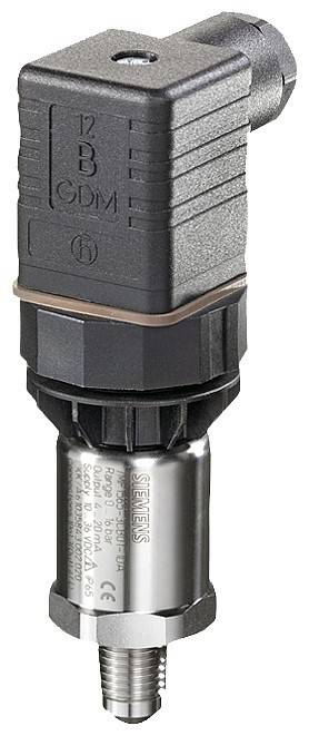 Drucksensor mit zylindrischem Metallgehäuse und schwarzem Deckelgehäuse. Das Siemens-Logo ist sichtbar, und Spezifikationen sind am Metallgehäuse gedruckt.