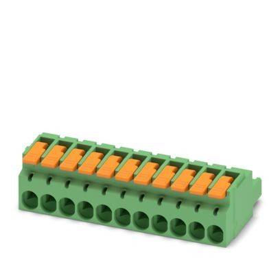 Ein grüner 12-polige Klemmblock mit orangefarbenen Entriegelungshebeln zum Anschluss von Elektrokabeln.