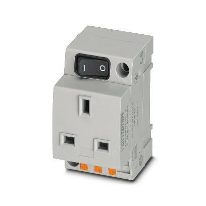 Graues elektrisches Stecker-Gerät mit einem Ein-/Ausschalter und drei Steckdosenöffnungen auf der Vorderseite, gezeigt auf weißem Hintergrund.