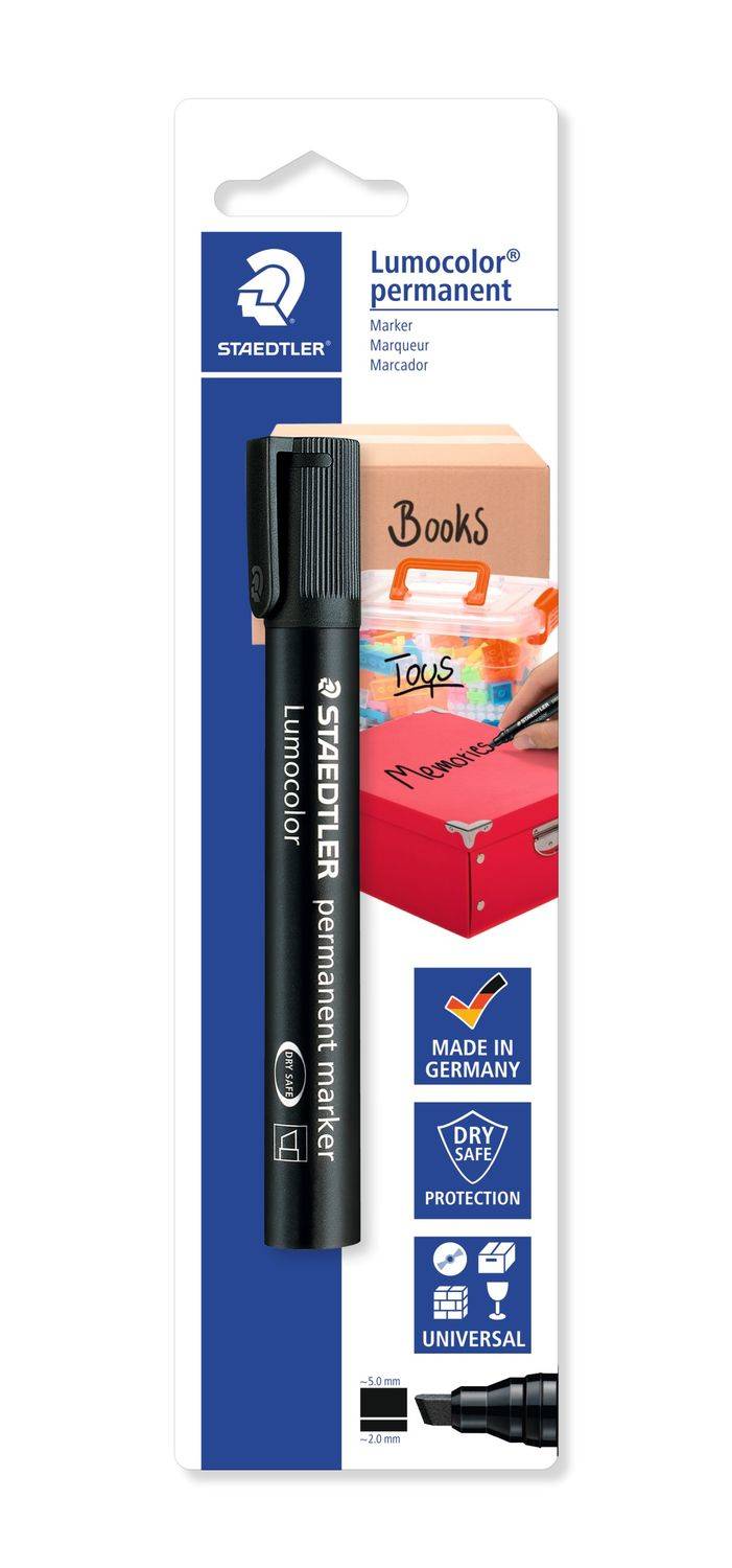 Packung eines STAEDTLER Lumocolor Permanentmarkers, schwarz, mit den Etiketten „Made in Germany