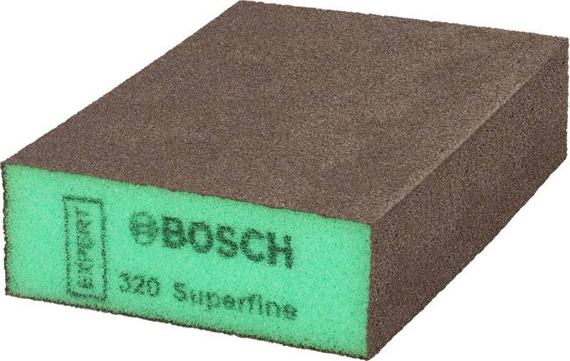Ein Bosch-Marken-Schleifklotz rechteckiger Form mit einem grünen Kern und brauner Schleifoberfläche, beschriftet mit '320 Superfein' für feine Schleifarbeiten.