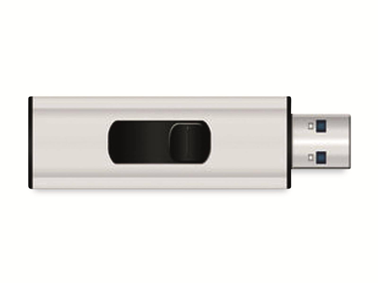 Silber-USB-Stick mit schwarzem Schiebeschalter und freigelegtem USB-Anschluss auf der rechten Seite.