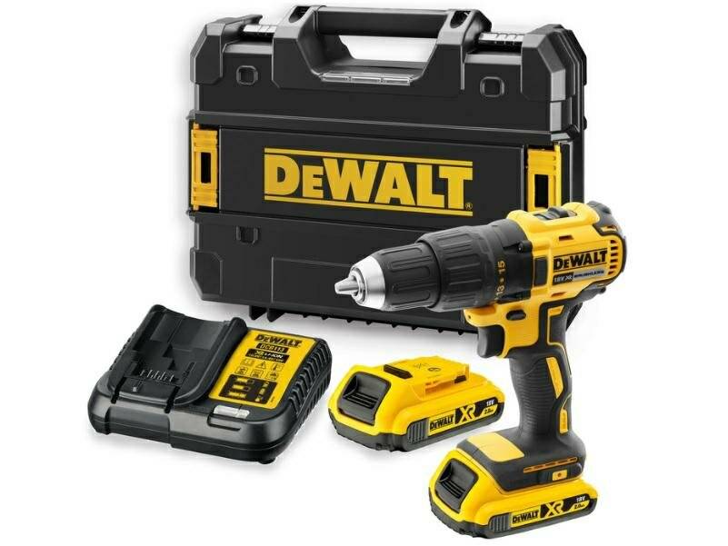 DEWALT Akku-Bohrschrauber-Set mit Hartschalenkoffer, Ladegerät und Akku auf weißem Hintergrund.