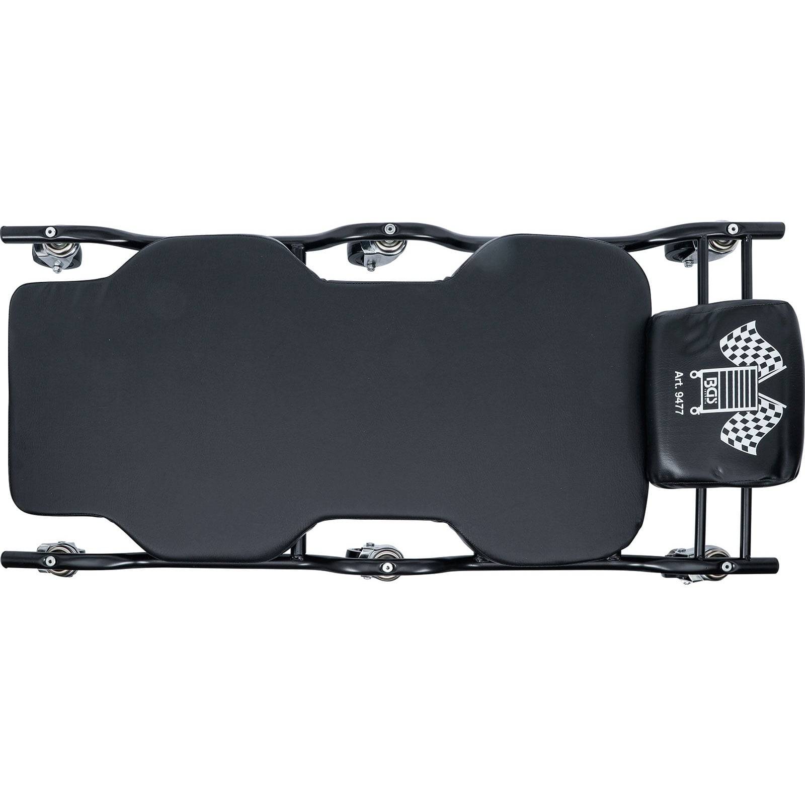 Ein gepolsterter schwarzer Montagerollbrett mit integrierter Kopfstütze und Metallrahmen, der für leichte Beweglichkeit unter Fahrzeugen konzipiert ist.