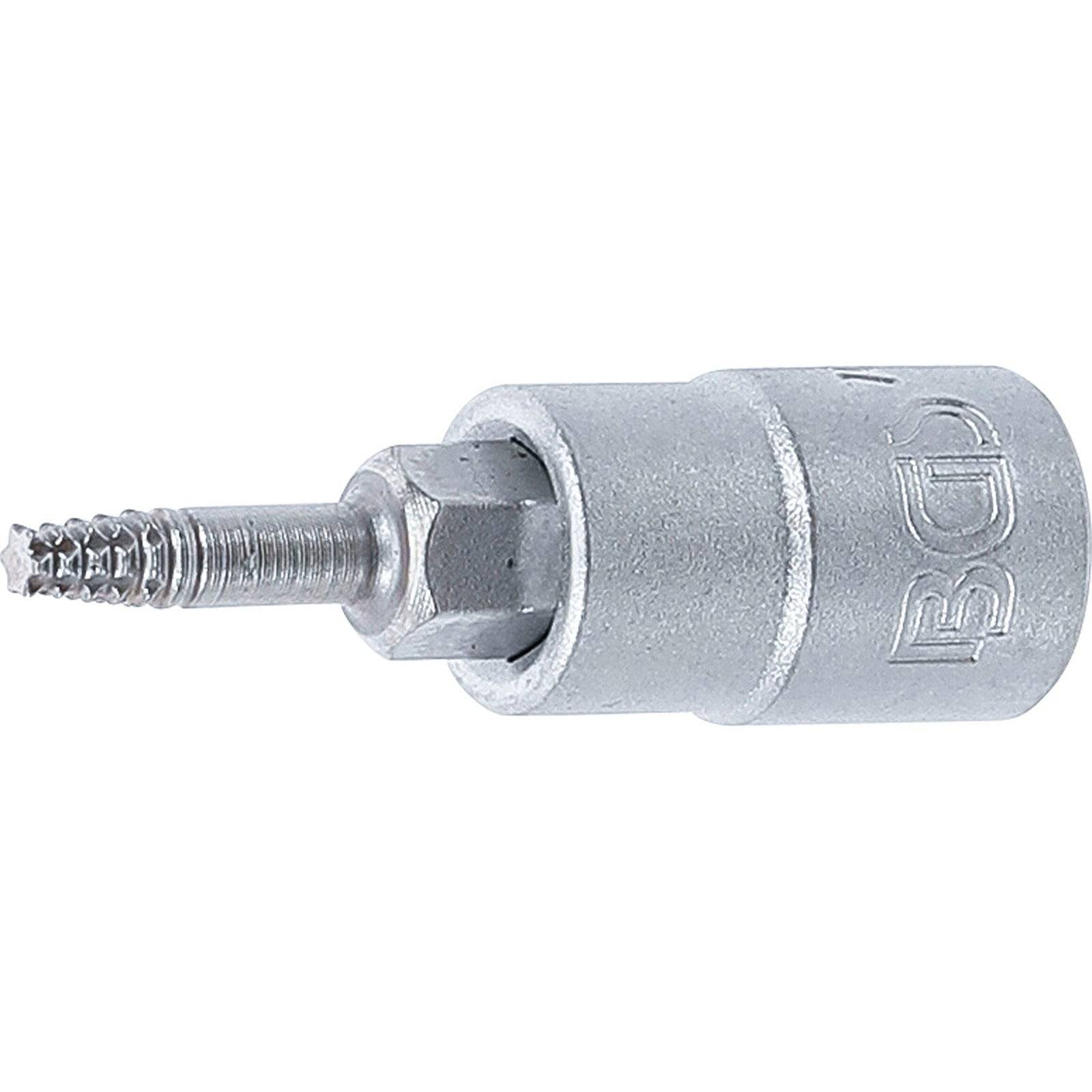 Ein silberner Metallsechskant-Schraubeneinsatz mit einer teilweise eingesetzten Schraube, der für Befestigungsaufgaben im Baugewerbe oder bei DIY-Projekten verwendet wird.