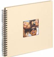 Beiges spiralgebundenes Fotoalbum mit einem kleinen Titelbild von drei lachenden Menschen mit Sonnenbrillen.