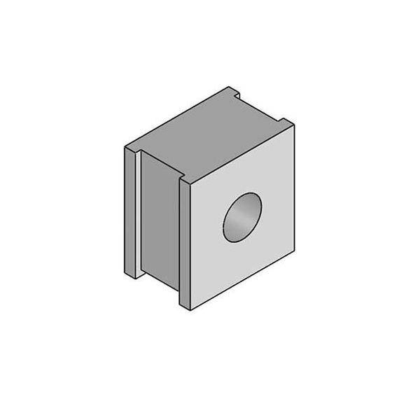 3D-Illustration eines grauen rechteckigen mechanischen Blocks mit einem kreisförmigen Seitenloch und einer abgestuften Nut an einer Kante, dargestellt auf weißem Hintergrund.