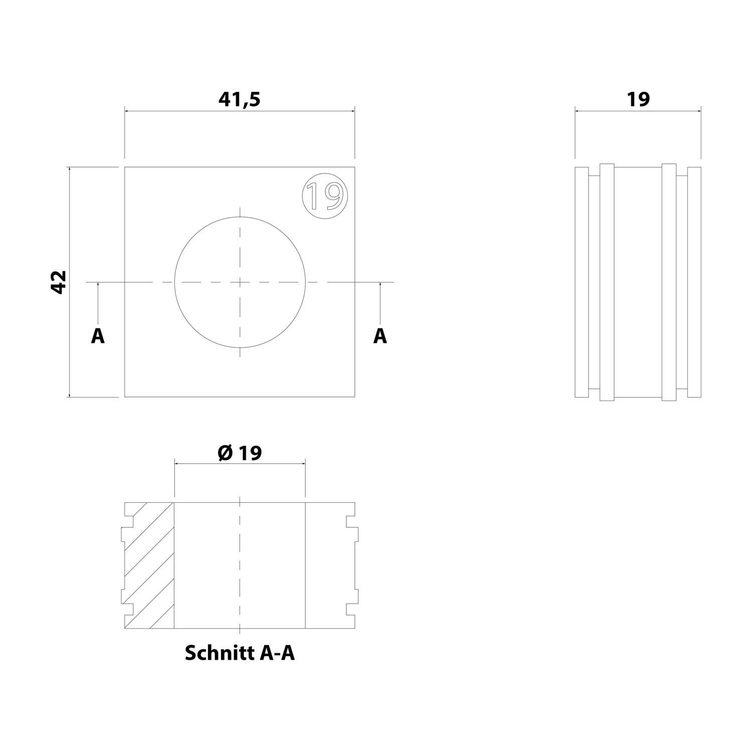 Technische Zeichnung eines quadratischen Bauteils mit Abmessungen: 41,5 x 42 mm, Lochdurchmesser 19 mm. Seitenansicht zeigt 19 mm Dicke; Schnitt A-A detailliert.