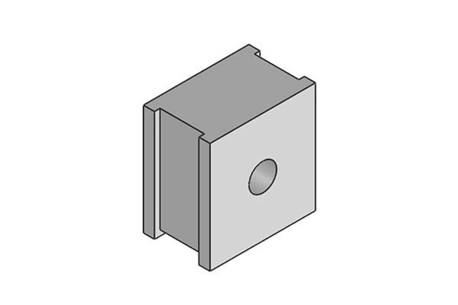 Grauer rechteckiger Metallhalter oder -block mit zentralem Kreisloch, dargestellt in isometrischer Ansicht.