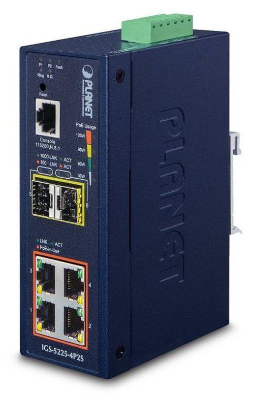 Planet Industrial Gigabit Switch IGS-5225-4P2S, 4 Port, POE+, 2x SFP 2,5Gbit, für Hutschienenmontage