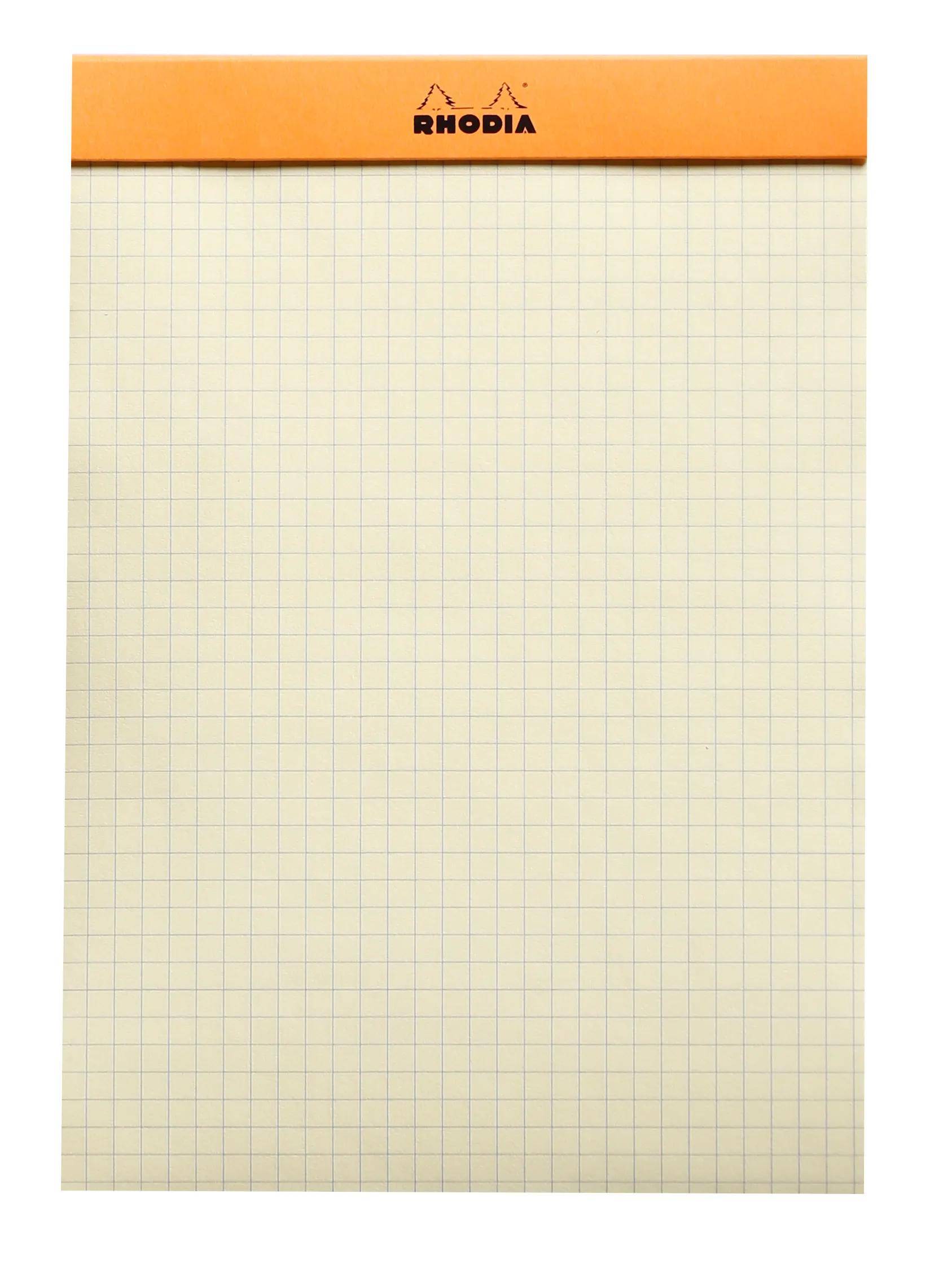 Ein leeres gelbes Karopapier-Notizbad mit einer orangefarbenen oberen Kante.