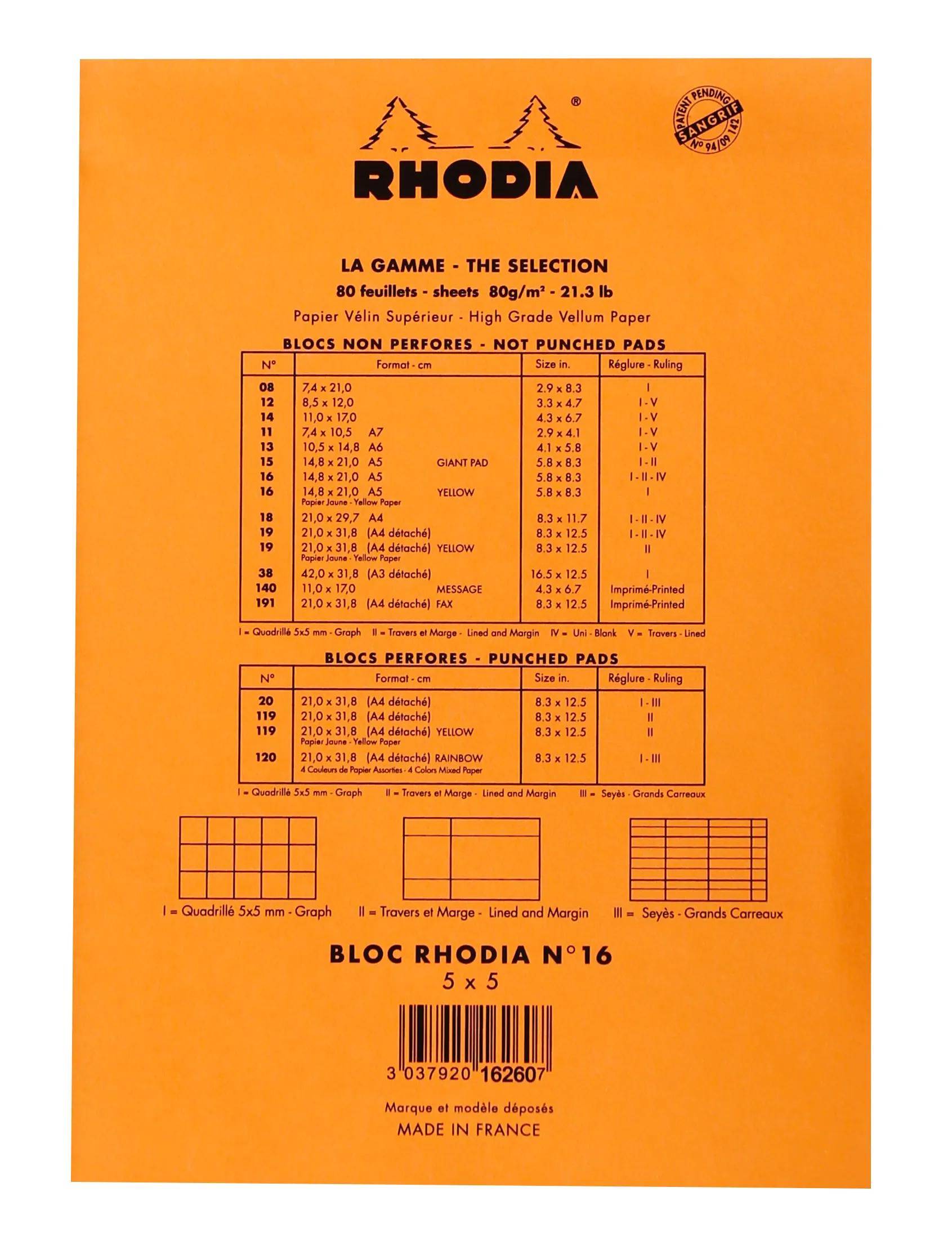 Orange Rhodia Notizbuchchulle mit Beschriftung „BLOC RHODIA N°16 5 x 5", mit Produktgrößendiagramm und Barcode, hergestellt in Frankreich.