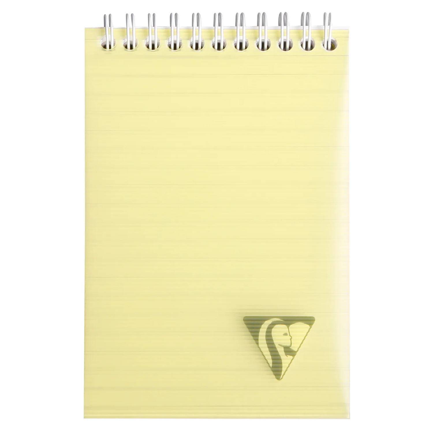 Gelbes spiralgebundenes Notizbuch mit leeren Seiten mit Linien und einem kleinen dreieckigen Logo unten rechts.