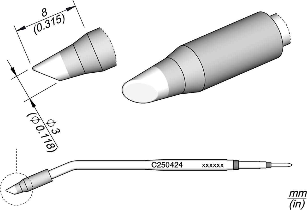 Technische Zeichnung einer stiftförmigen Düsenspitze mit den Abmessungen 8 mm und 3 mm, plus eine gebogene Sondenbaugruppe mit der Bezeichnung C250424 und xxxxx, dargestellt in mm und Zoll.