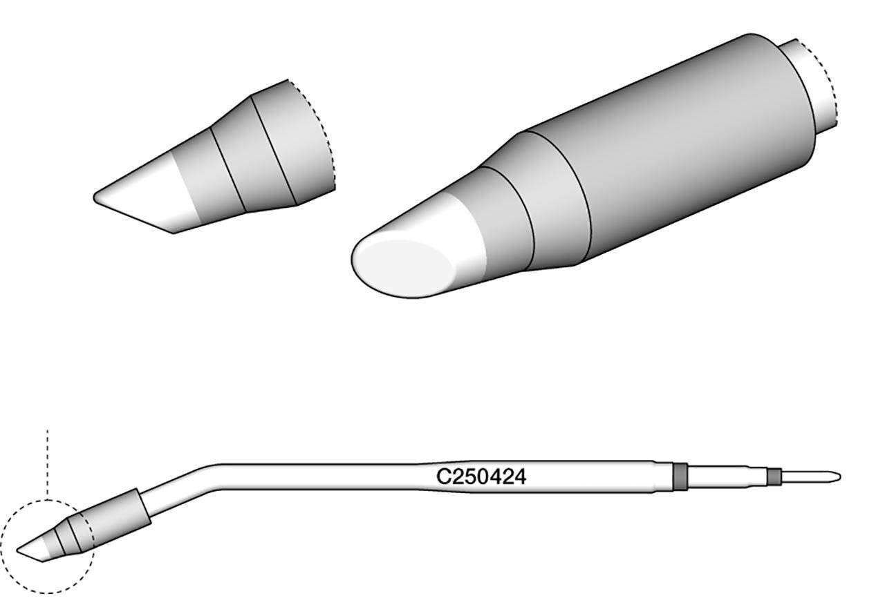 Diagramm einer schlanken Sonde oder Düseneinheit mit einer abnehmbaren konischen Spitze, dargestellt in vergrößertem Detail und als Teil des vollständigen Geräts.
