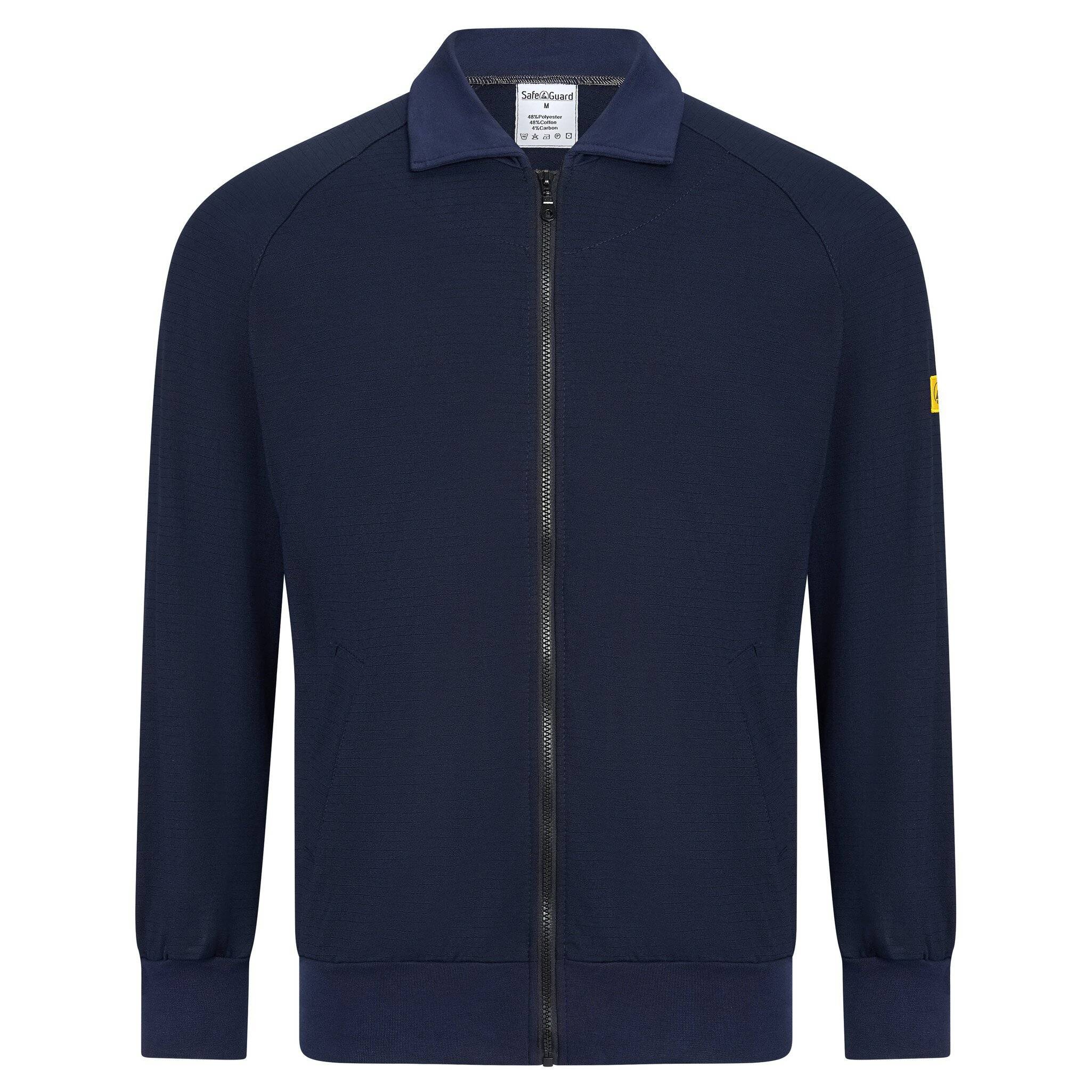 Marineblau Reißverschluss-Jacke mit langen Ärmeln und Stehkragen, frontal auf weißem Hintergrund abgebildet.