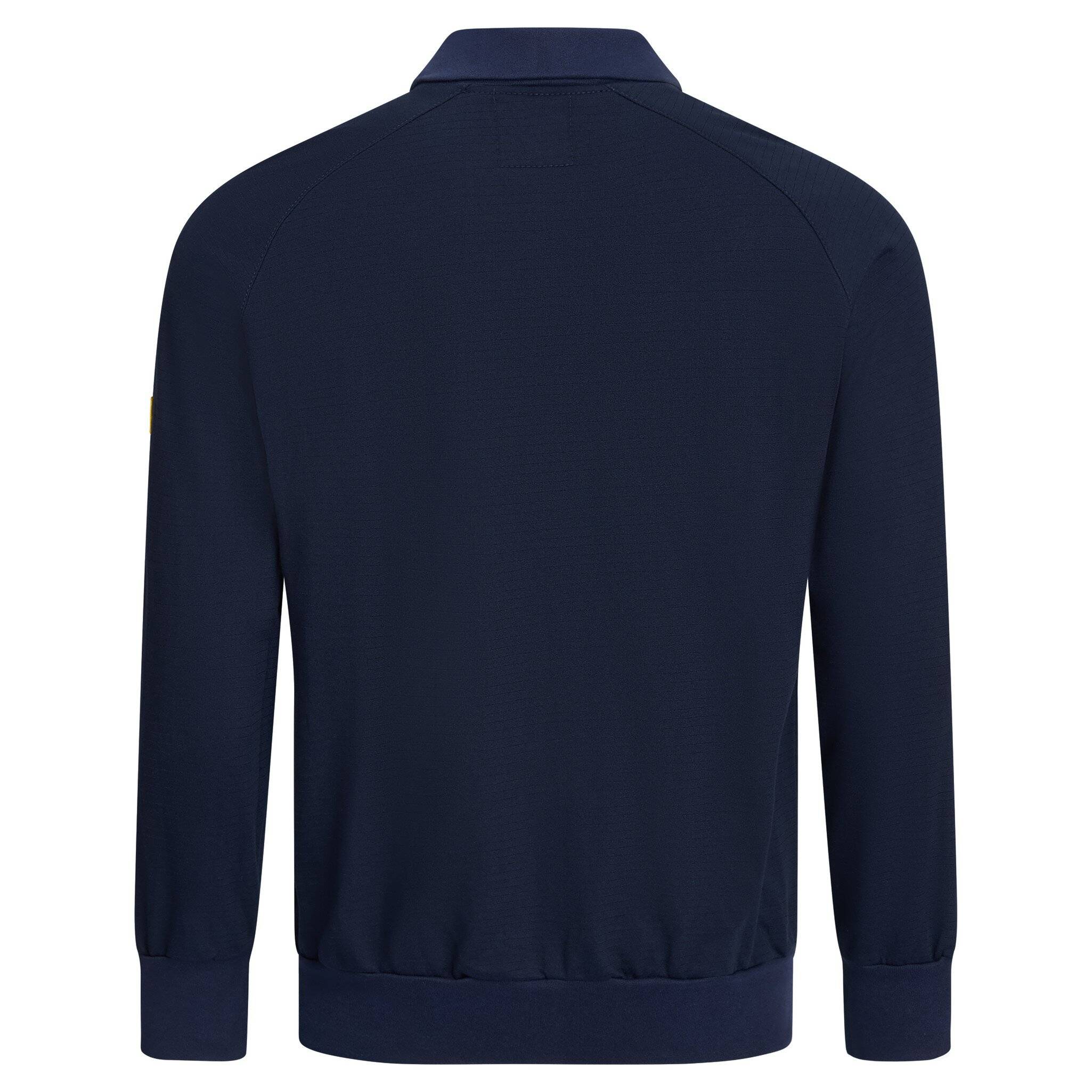 Rückansicht einer marineblauen Jacke oder eines Hemds mit langen Ärmeln, Kragen, geraden Säumen und gerippten Manschetten und Bündchen.