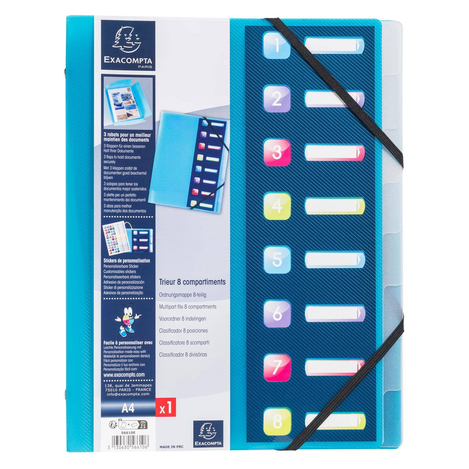 Exacompta 10x Ordnungsmappe PP 500µ Gummizug 3Klappen 8Fächer A4 sortiert 56610E