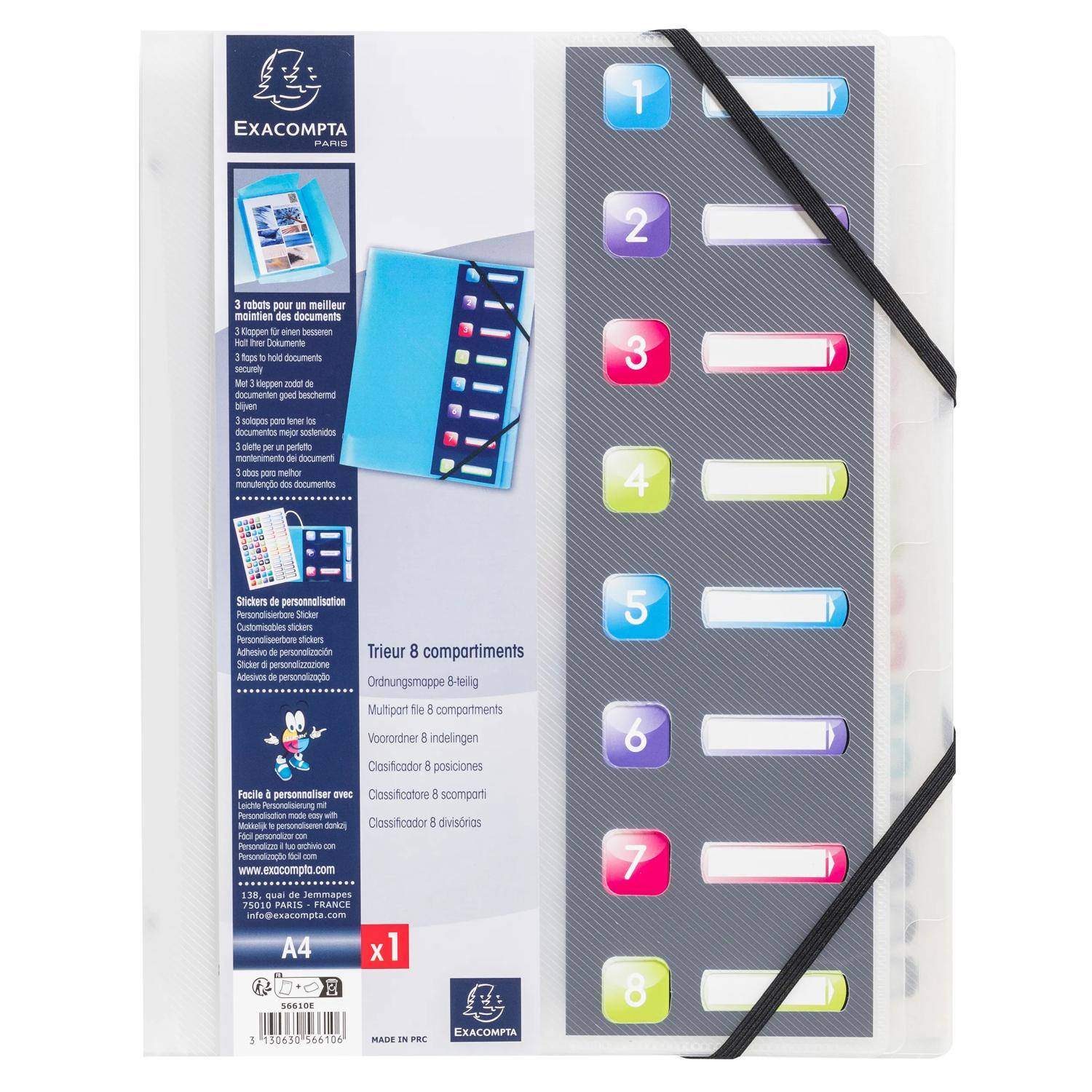 Exacompta 10x Ordnungsmappe PP 500µ Gummizug 3Klappen 8Fächer A4 sortiert 56610E