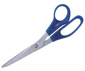 Ein Paar Edelstahlscheren mit blauen Kunststoffgriffen, gezeigt vor weißem Hintergrund.