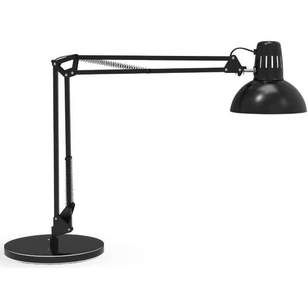 Schwarze verstellbare Schreibtischlampe mit federgelagerbtem Gelenkarm und runder Basis auf weißem Hintergrund.