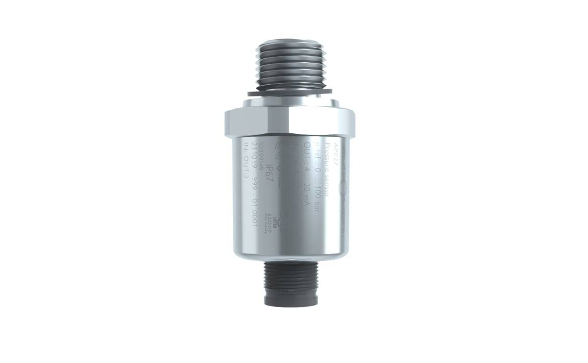 Ein metallischer Drucksensor mit Gewindeanschlüssen an beiden Enden, konzipiert für den Einsatz in industriellen Anwendungen.