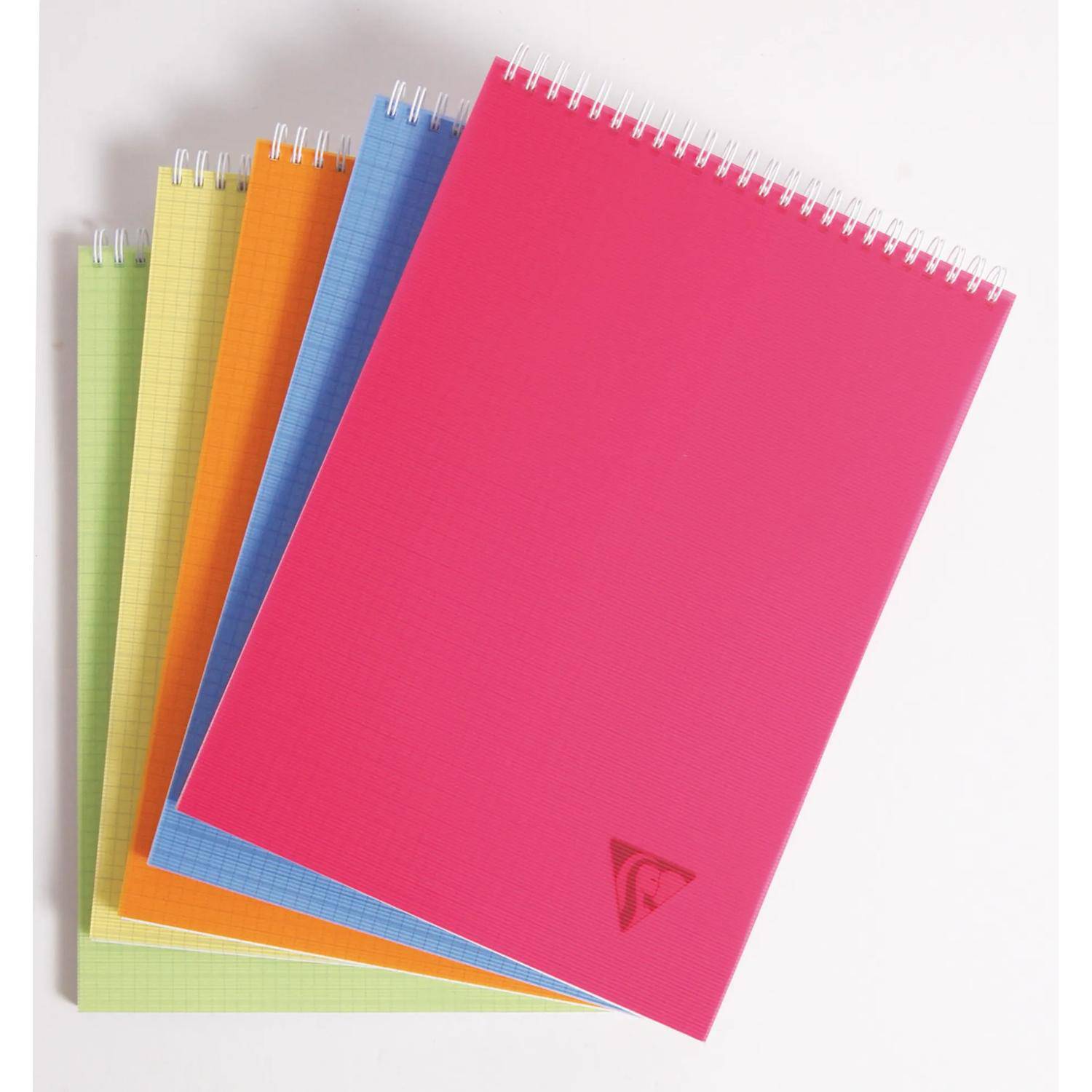 Fünf bunte spiralgebundene Notizbücher auf weißem Hintergrund aufgefächert, mit einem großen rosa Notizbuch im Vordergrund.