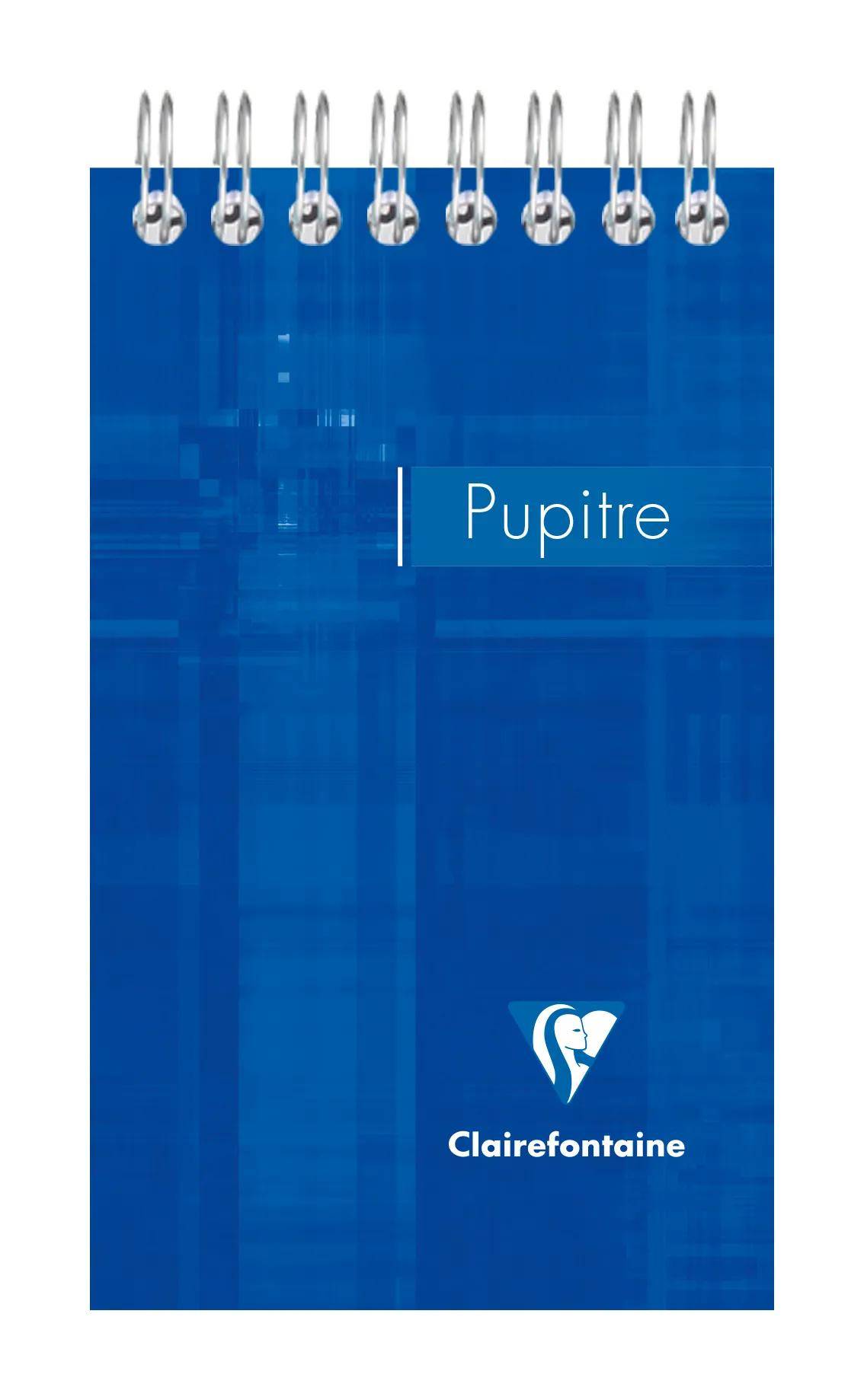 Blauer spiralgebundener Notizbuchdeckel mit der Aufschrift „Pupitre