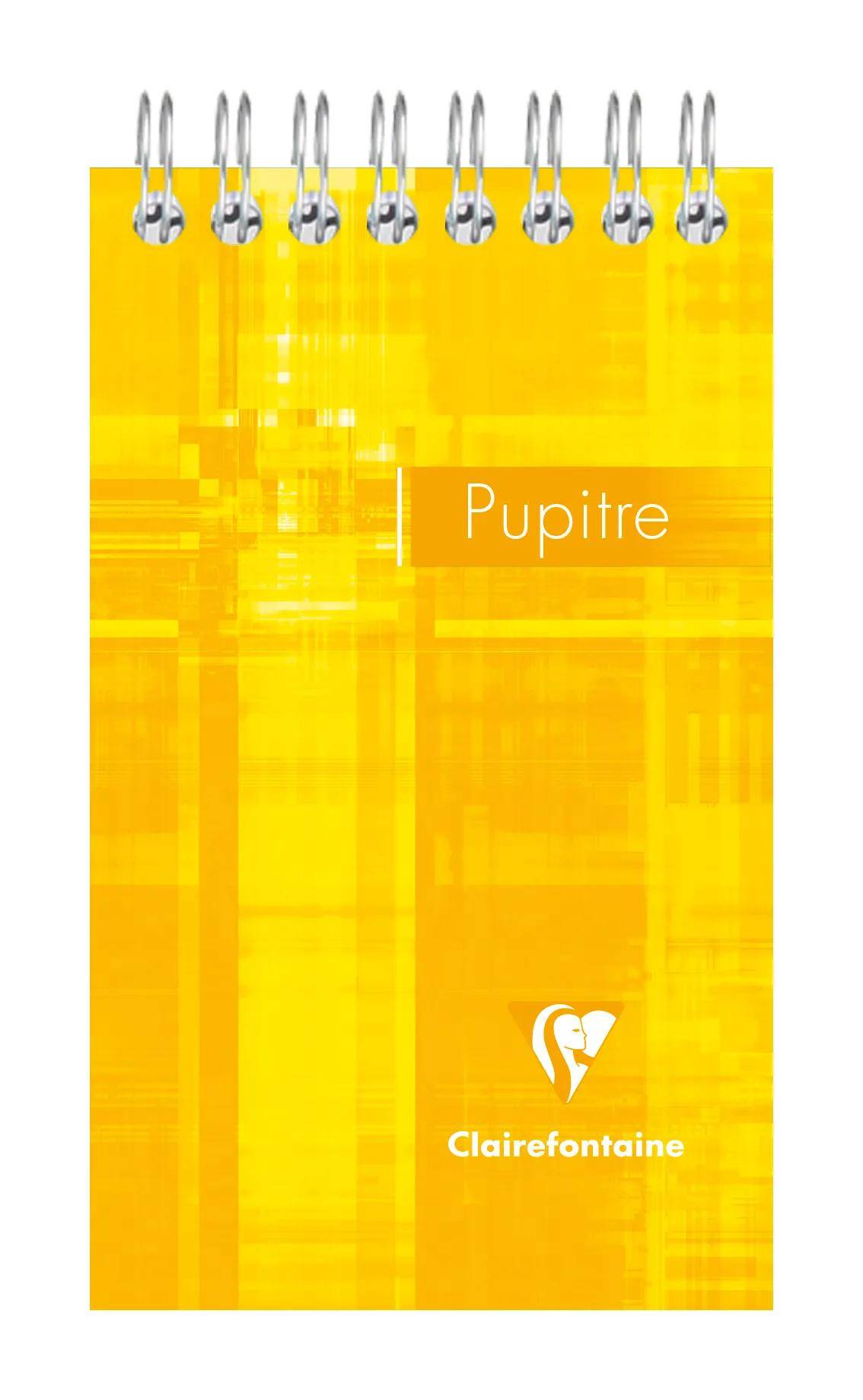 Gelber spiralgebundener Notizbuchdeckel mit dem Wort „Pupitre