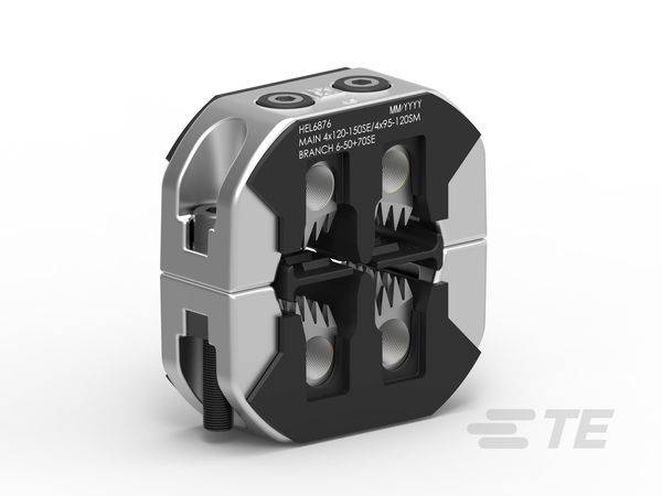 Ein metallischer elektrischer Verbindungsblock mit vier Drahtanschlüssen und Verriegelungsöffnungen, dargestellt in einer produktstilisierten Darstellung mit TE-Logo.