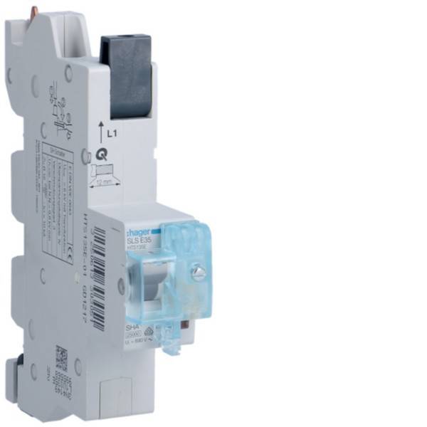 Ein weißer elektrischer Sicherungsautomat mit blauer Schutzabdeckung, mit der Aufschrift „Eaton
