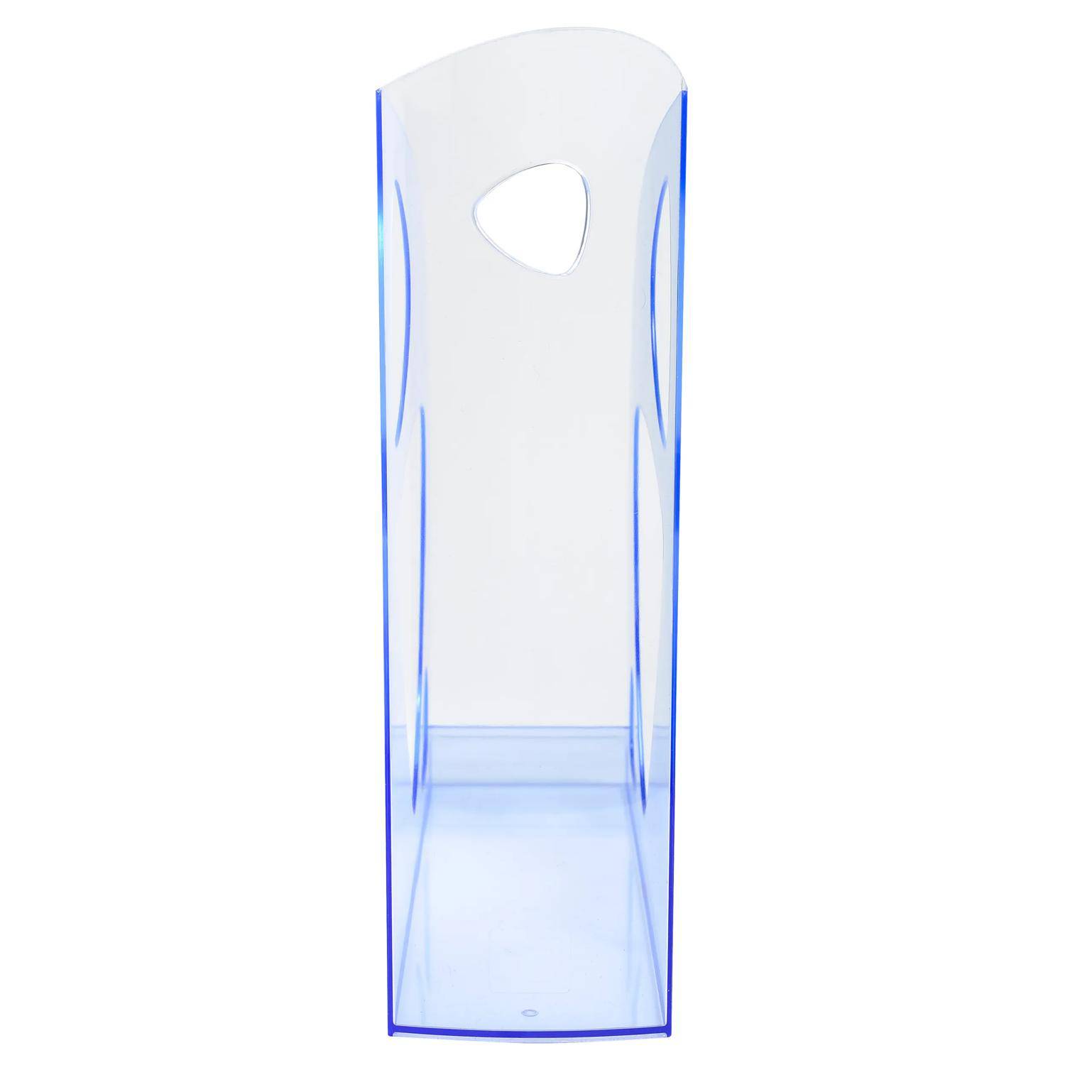 Hohe durchsichtige Kunststoffflasche oder Behälter mit gewölbtem Deckel und ovalem Ausschnittgriff, gezeigt auf weißem Hintergrund.