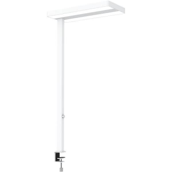 Minimalistische weiße Schreibtischlampe mit langem vertikalem Schaft und rechteckigem Lampenkopf, dargestellt mit Klemmfuß auf neutralem Hintergrund.