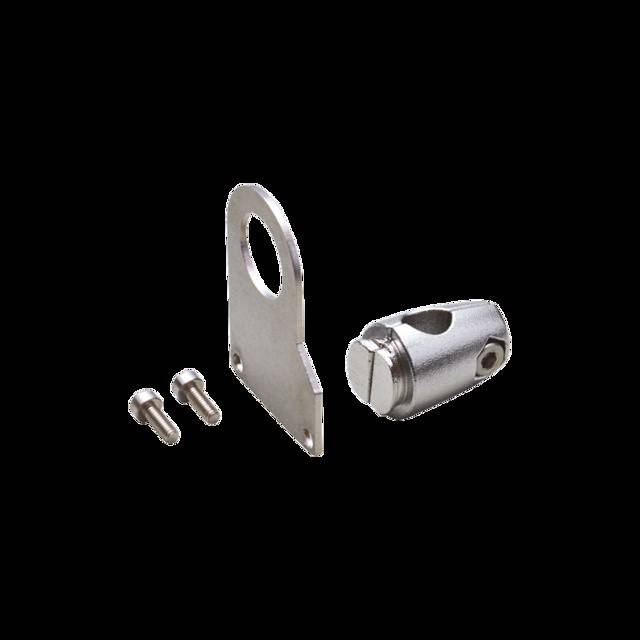 Eine Metallscharnieranordnung mit zwei Schrauben, einem flachen Halter und einer zylindrischen Scharniekomponente, verwendet zum Verbinden oder Befestigen von Teilen.