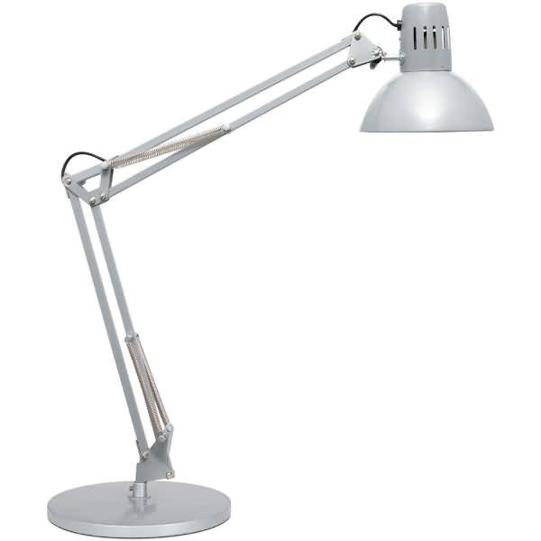 Verstellbare silberne Schreibtischlampe mit gelenkigen Armen und Domenschirm auf rundem Sockel