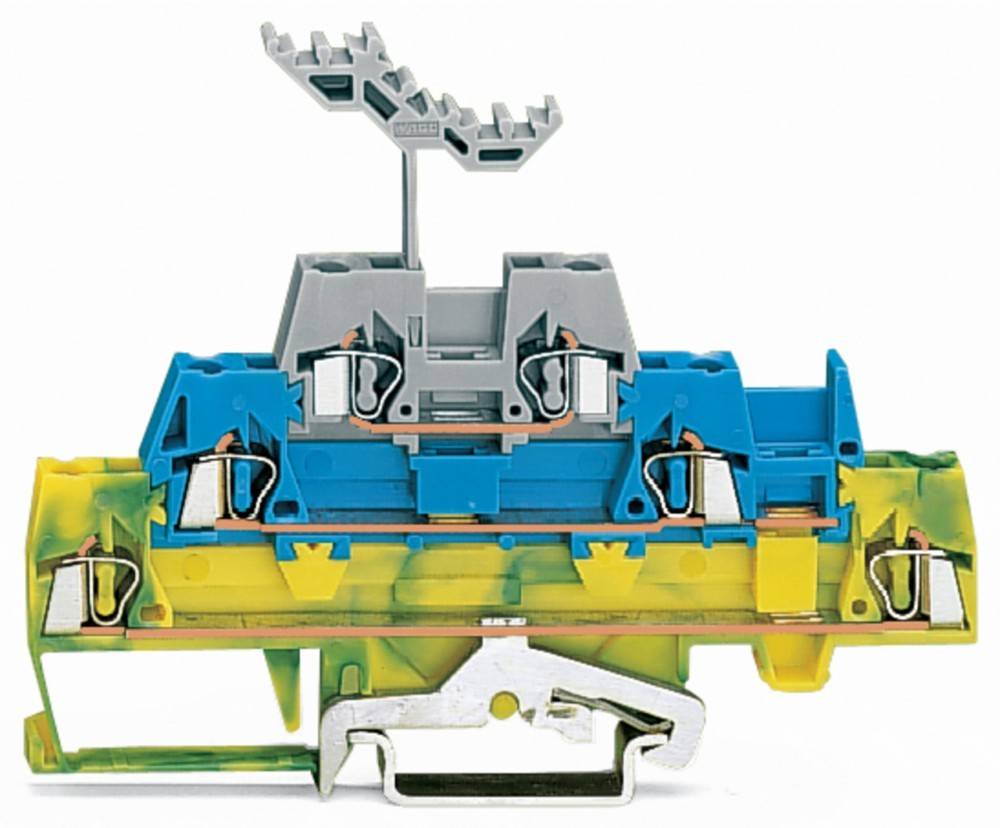 Ein komplexer elektrischer Steckverbinder, der auf einer DIN-Schiene montiert ist und verschachtelte Kunststoffkomponenten in Blau, Grau und Gelb aufweist.