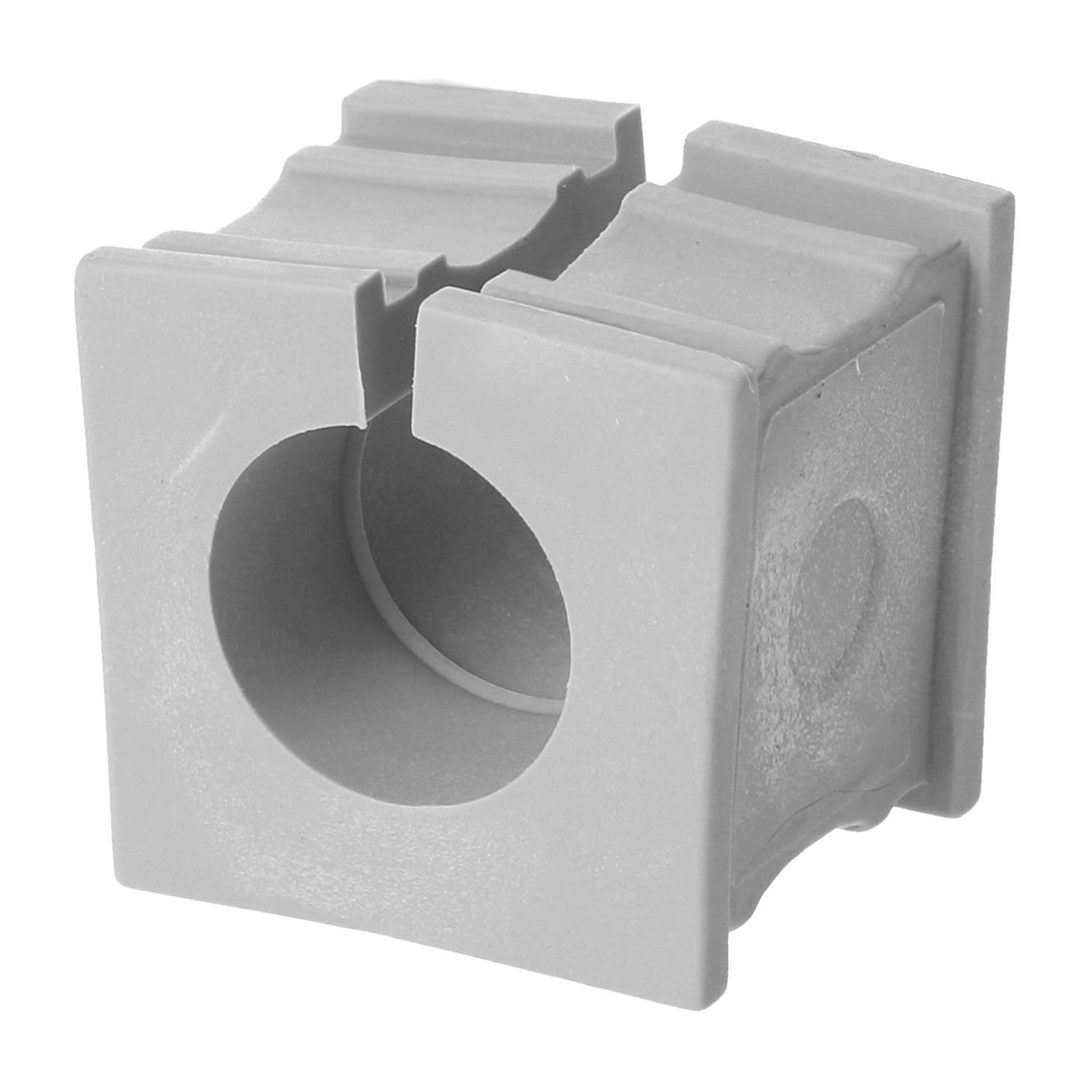 Eine graue Kunststoff-Kabelbefestigung mit einer kreisförmigen Öffnung und Kerben, entwickelt zum sicheren Halten und Organisieren von Kabeln.