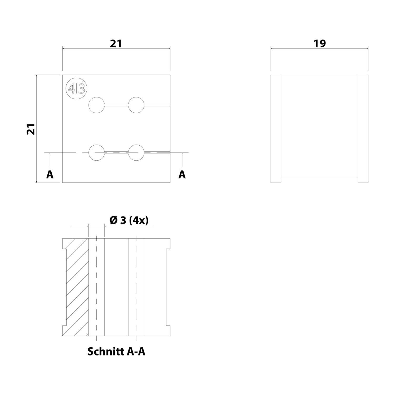 Diagramm eines Würfels mit Seitenlängen von 21 und 19, versehen mit vier Ø3-Löchern. Enthält eine Schnittansicht, gekennzeichnet als 'Schnitt A-A'.