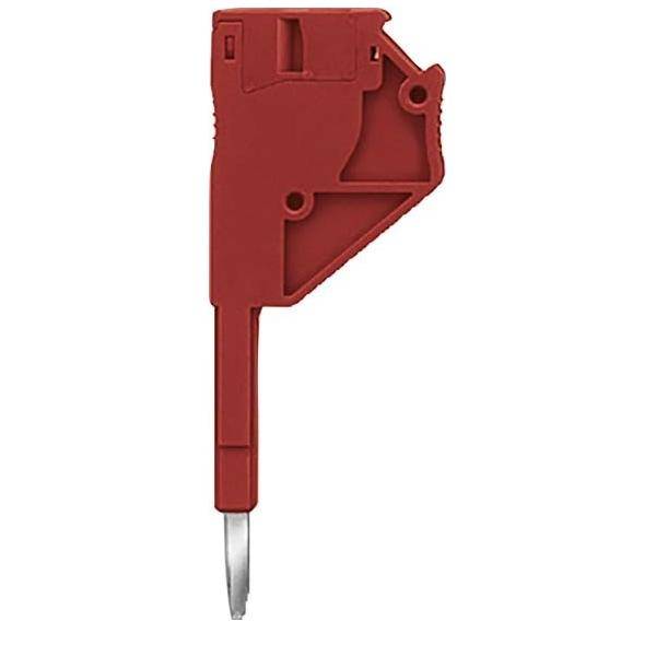 Ein roter Plastikwerkzeug mit einer Metallfitze, der für Präzisionsarbeiten oder Einstellungen konzipiert ist.