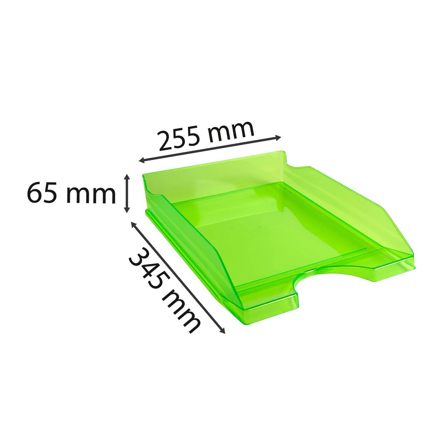 Grünes Kunststoffpapier-Tablett mit beschrifteten Abmessungen: 255 mm breit, 345 mm tief und 65 mm hoch.