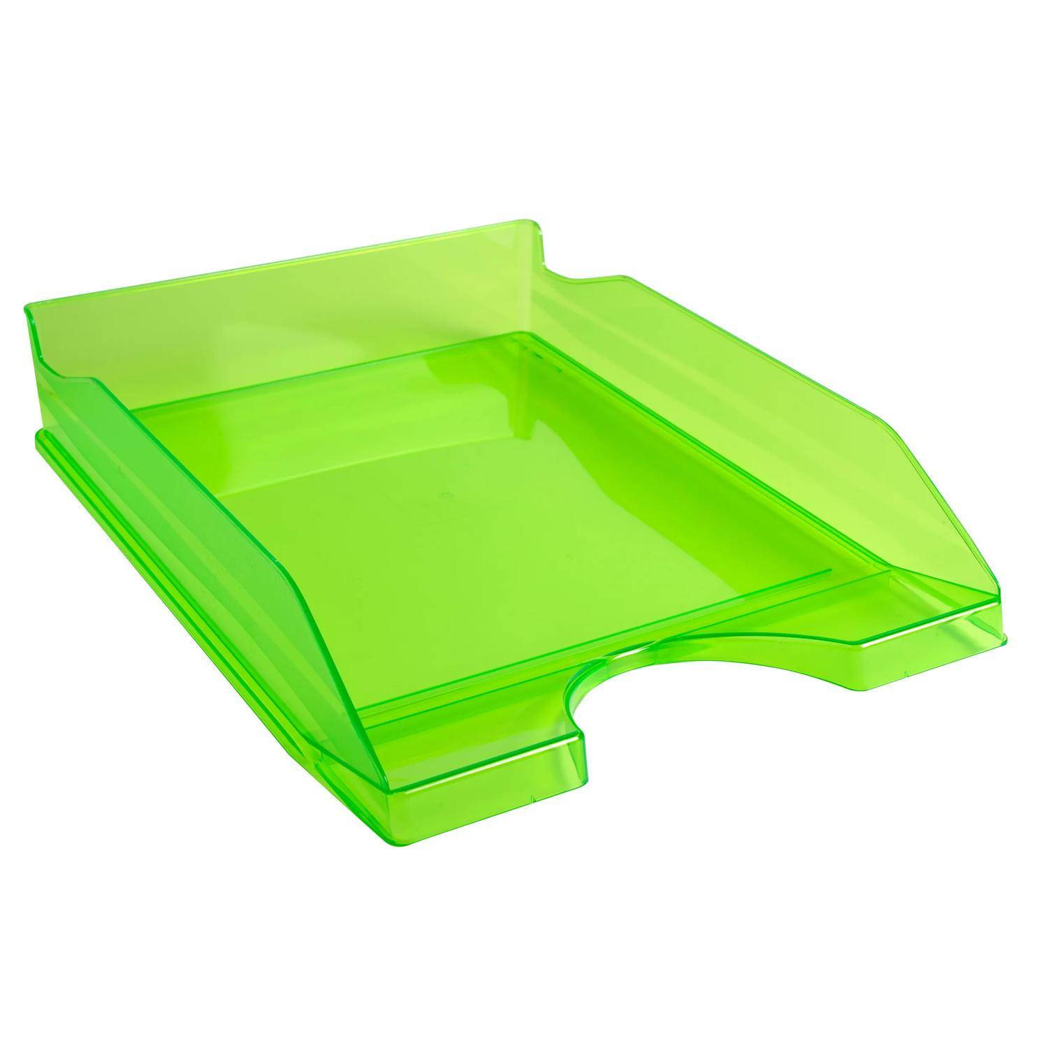 Grüne durchscheinende Kunststoffpapierschale oder Schreibtischorganizer mit Ausschnitt an der Vorderseite, auf weißem Hintergrund dargestellt.