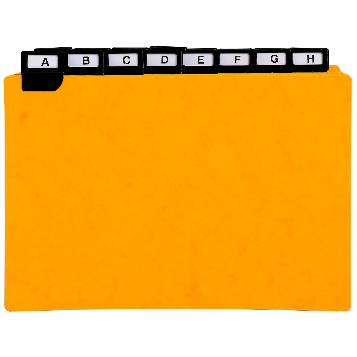 Orange-Dateiordner mit schwarzen Buchstabenleitern mit den Buchstaben A bis H oben angebracht
