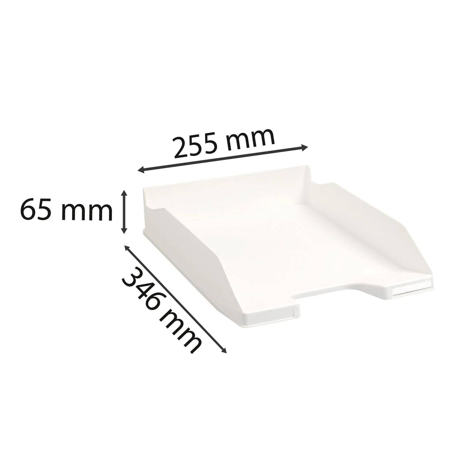 Weiße Dokumentablage Abmessungen gezeigt: 255 mm breit, 346 mm tief, 65 mm hoch.