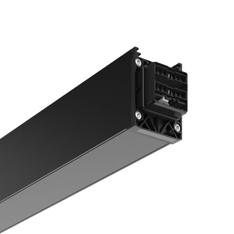 Eine schwarze, lineare Schienenlichtanlage mit rechteckigem Design und Montageschnittstelle, geeignet für moderne Innenbeleuchtungskonzepte.