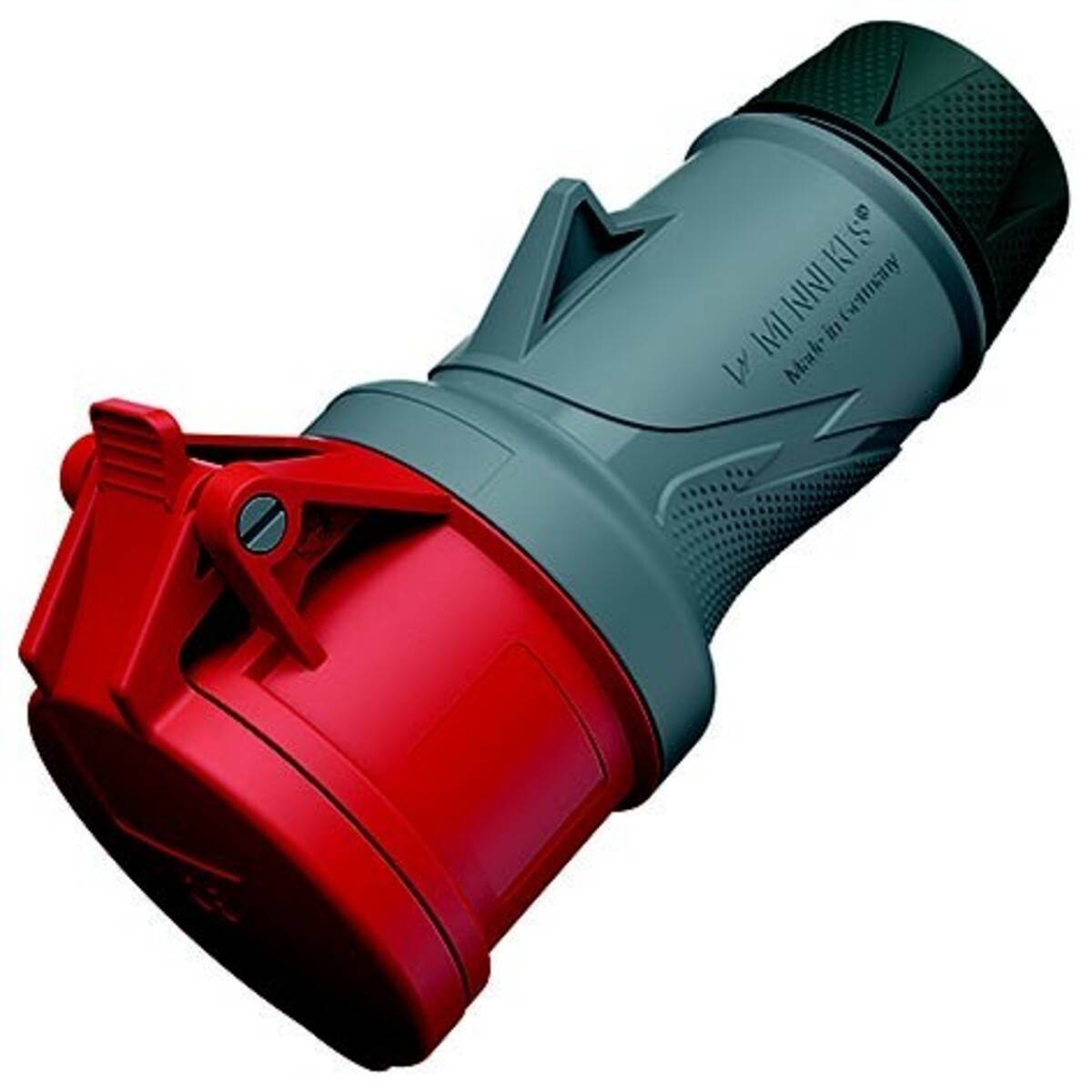 Roter und grauer industrieller Elektrostecker auf weißem Hintergrund.